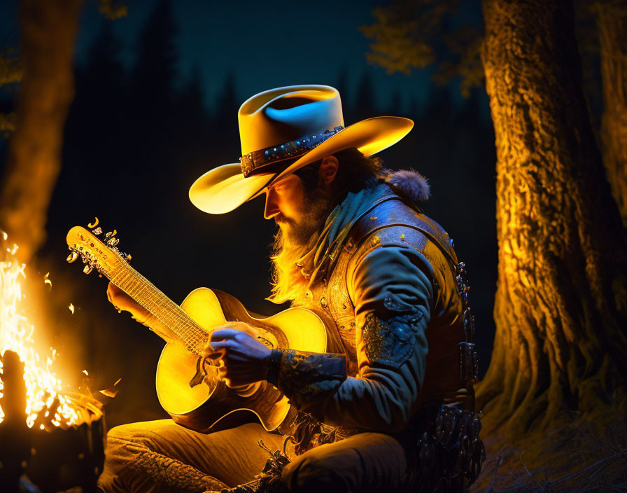 Cowboy playing guitar by campfire in wooded area at night