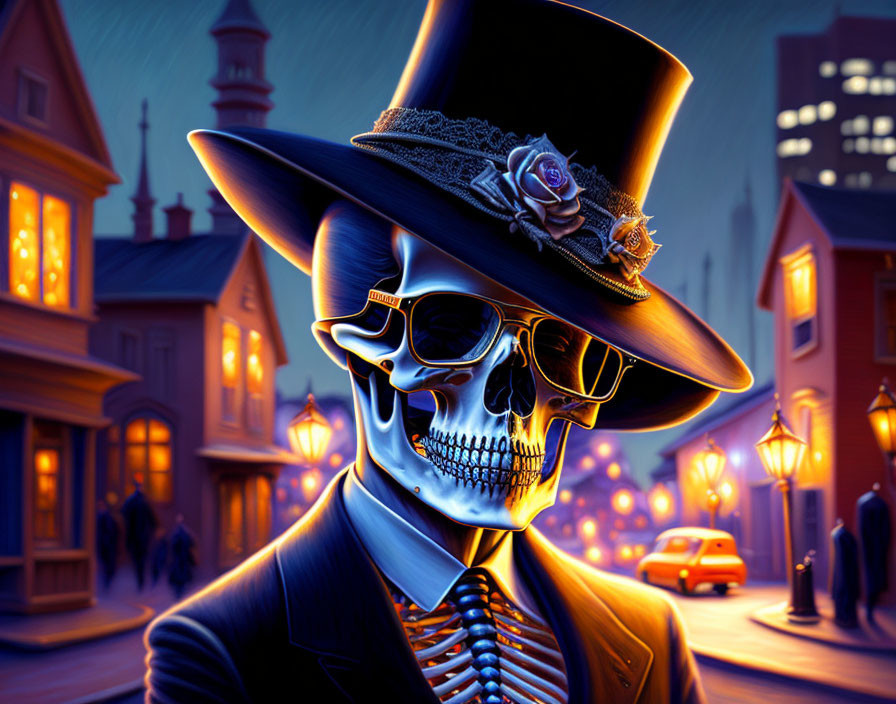 Skeleton in Top Hat and Sunglasses in Vibrant Cityscape at Night