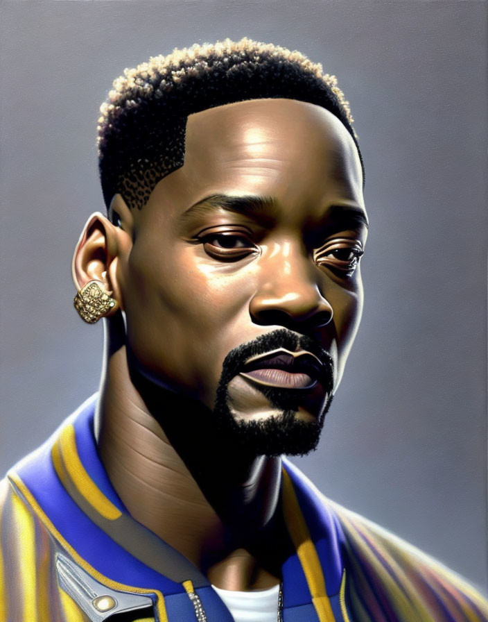 Digital portrait of a man with short afro, goatee, gold earring, blue & yellow