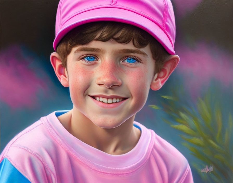 Smiling young boy with blue eyes in pink attire against blurred colorful backdrop