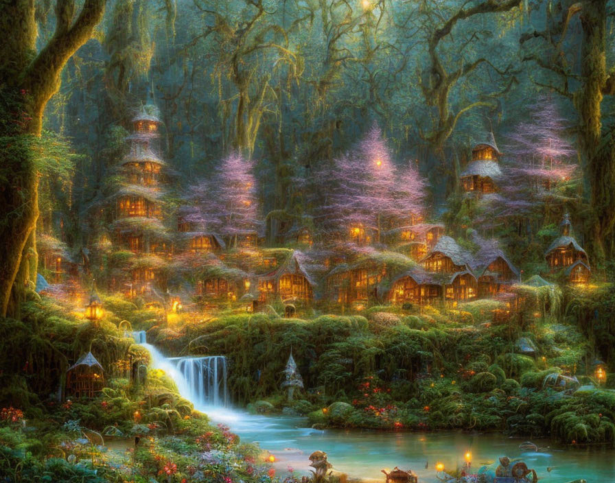 Glowing fairytale cottages in enchanted forest with waterfall