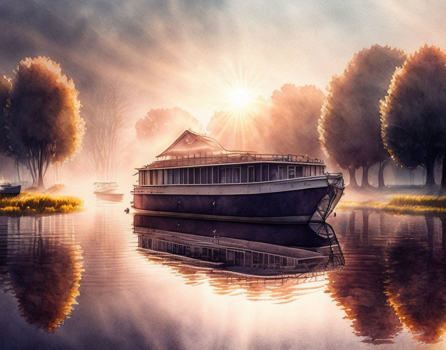 Tranquil sunrise river scene with autumn trees and houseboat