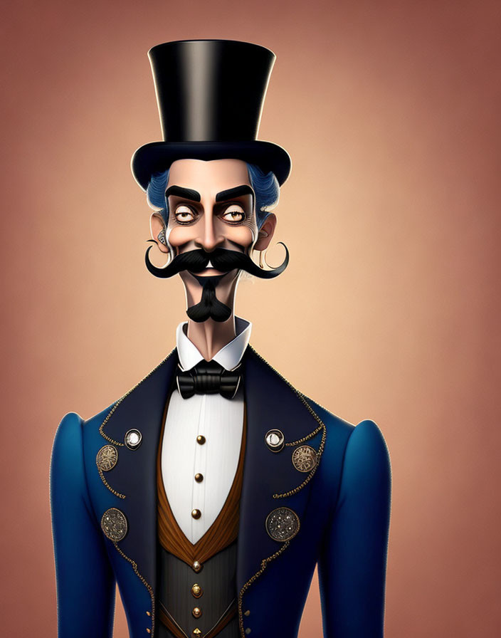 Distinguished gentleman with top hat and curled mustache in blue coat