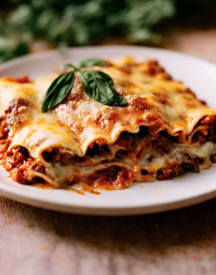 Cheesy Basil Lasagna Slice with Meat and Sauce Layers