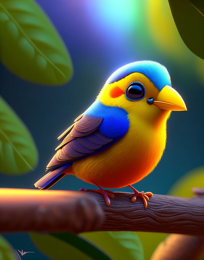 Colorful Bird Illustration Perched on Branch with Vibrant Feathers