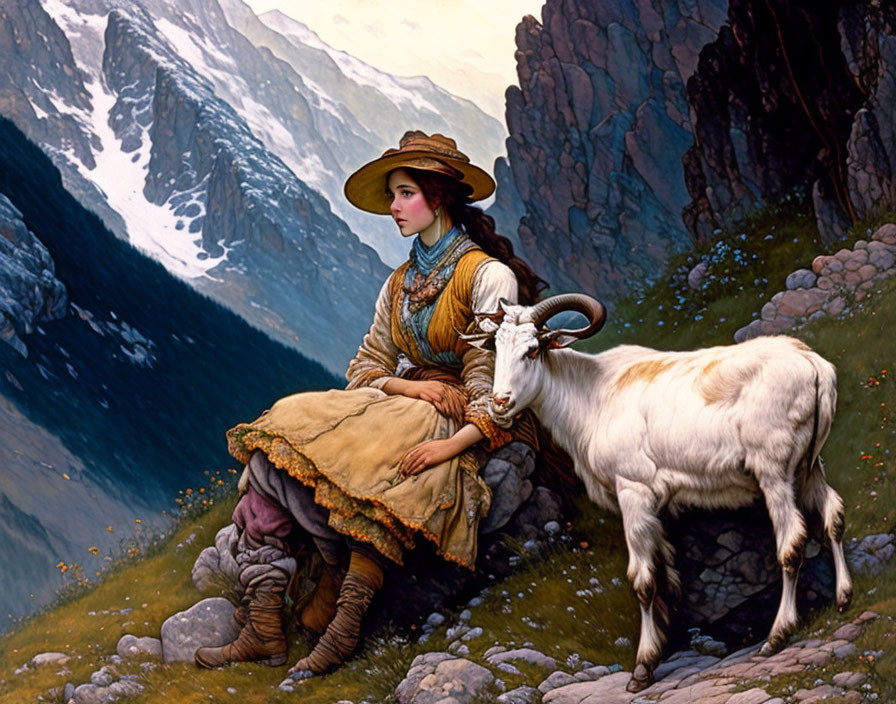 Young woman in traditional attire with goat on alpine mountainside