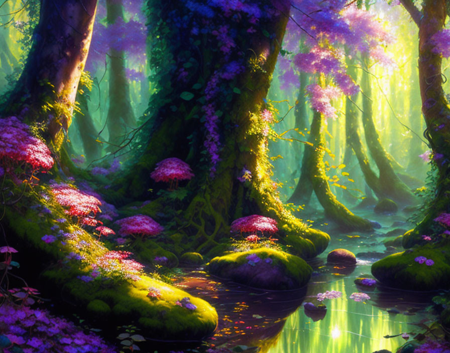 Enchanting forest with purple and pink foliage, mossy trees, and serene stream