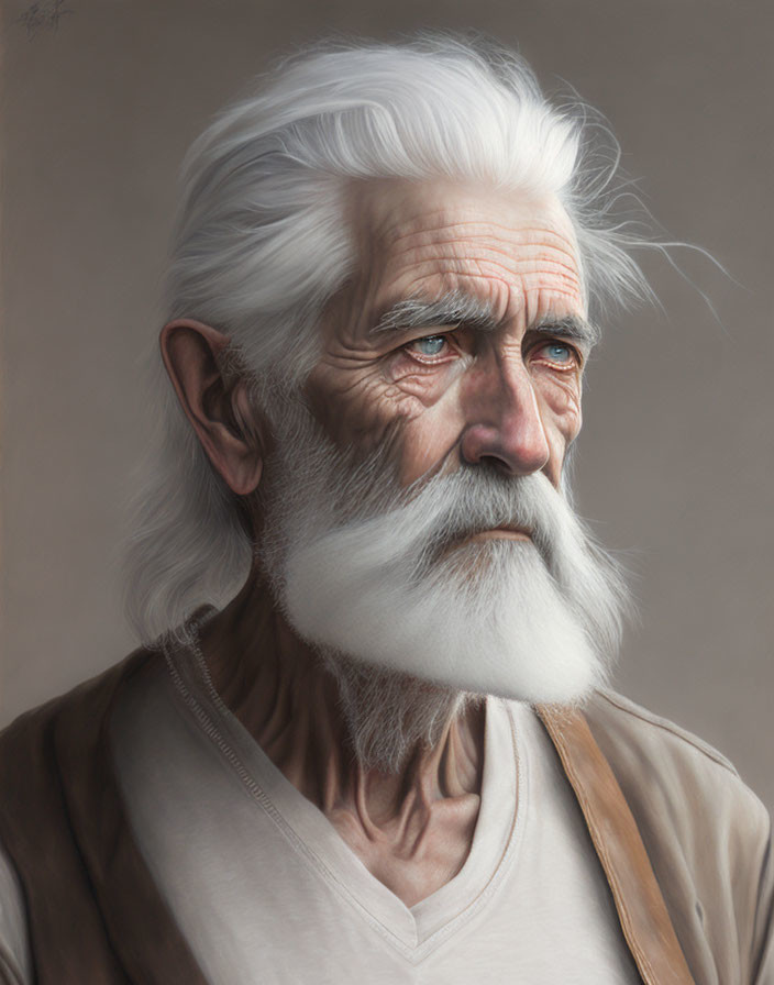 Elderly man with white beard and serious expression in white shirt