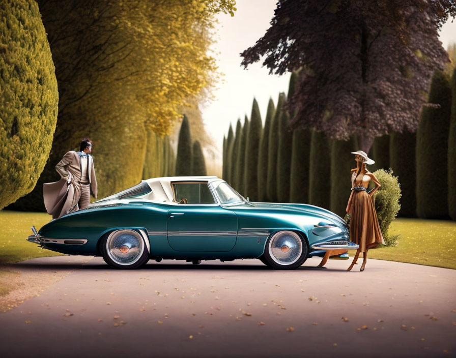 Vintage teal car with man and woman in formal attire by sculpted hedges