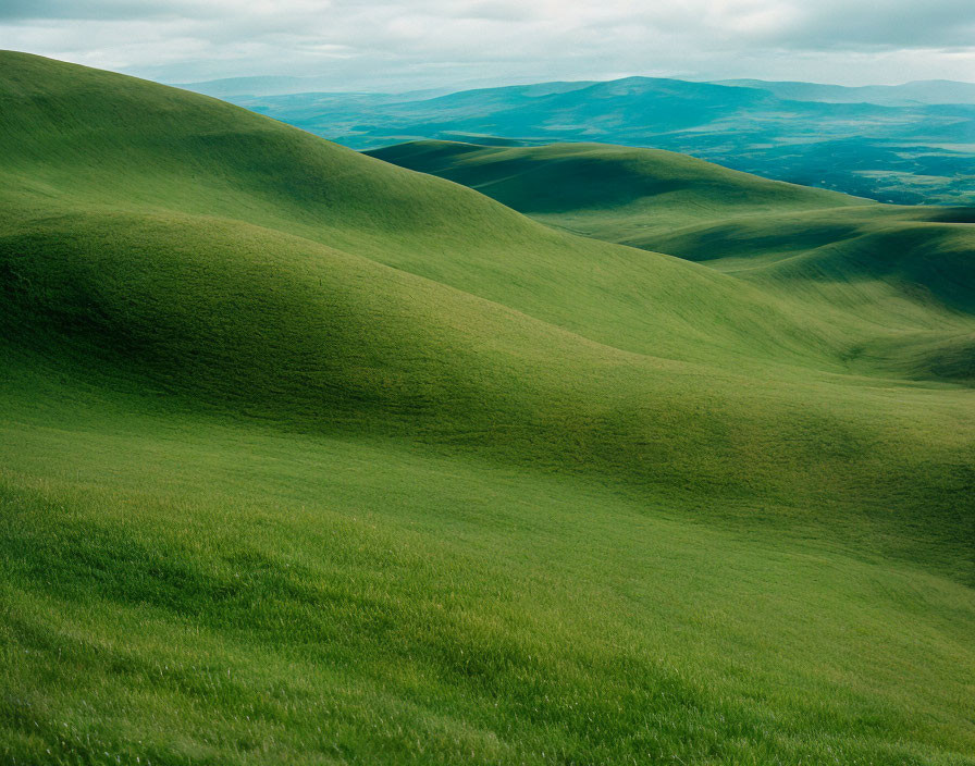 Lush Green Hills Under Cloudy Sky: Calm Landscape Scenery