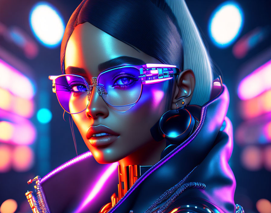 Iridescent-skinned woman with sleek hair and cyberpunk sunglasses under neon lights