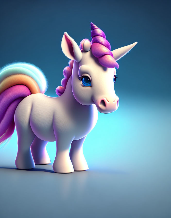 Colorful 3D Unicorn Illustration with Purple Mane on Blue Background