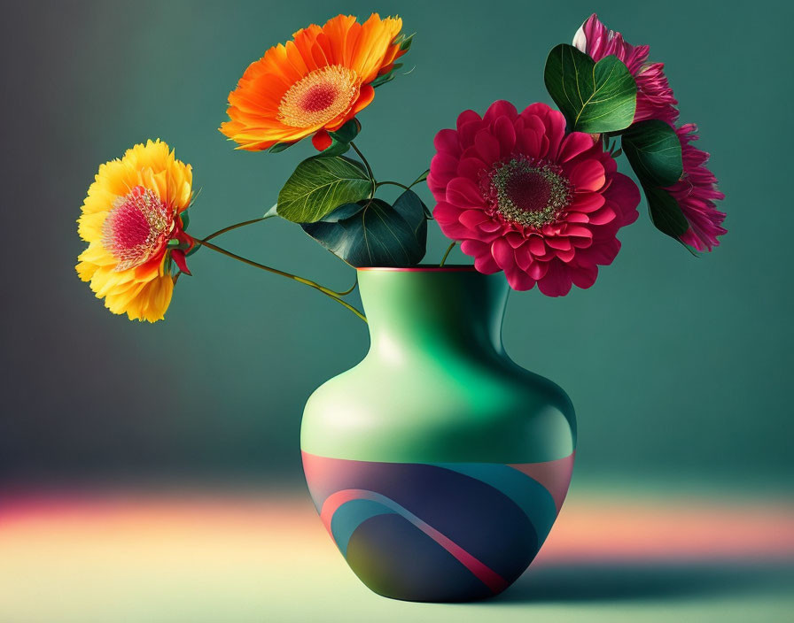 Striped vase with colorful flowers on teal background