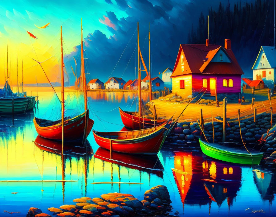 Colorful coastal scene at dusk with moored boats and illuminated houses.