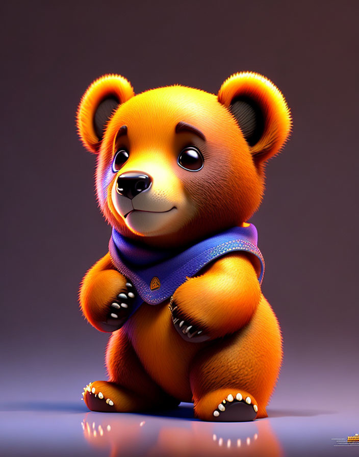 Chubby Orange Teddy Bear 3D Illustration with Purple Scarf