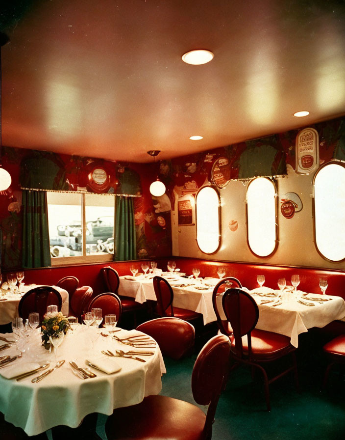 Classic Train Car Restaurant Interior with White Tablecloths and Red Chairs