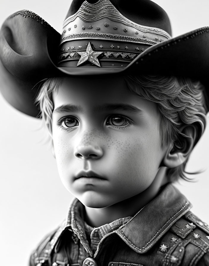 Monochrome portrait of young boy in cowboy hat and denim jacket