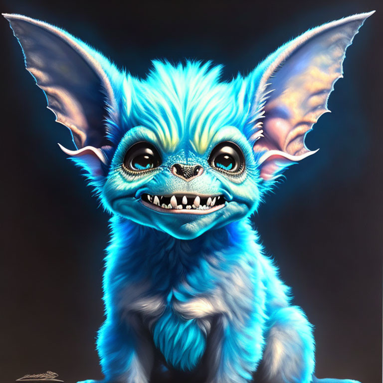 Blue furry creature with large ears and sharp teeth illustration