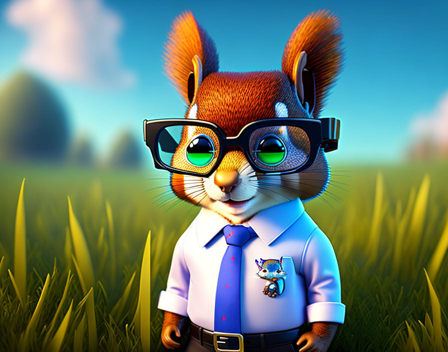 Sophisticated anthropomorphic squirrel in shirt and tie on grassy field