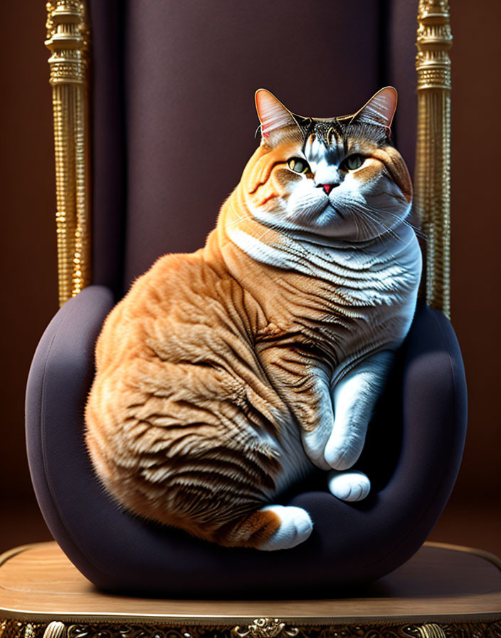 Orange and White Striped Cat Sitting on Fancy Gold-Accented Chair