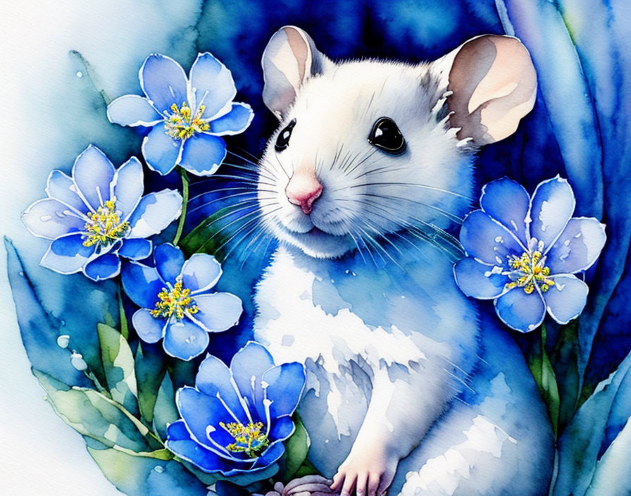 White Mouse in Blue Flowers Watercolor Illustration