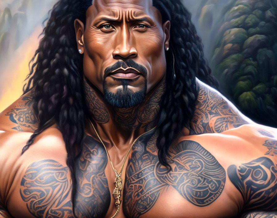 Muscular man with tattoos and gold necklace in forest setting