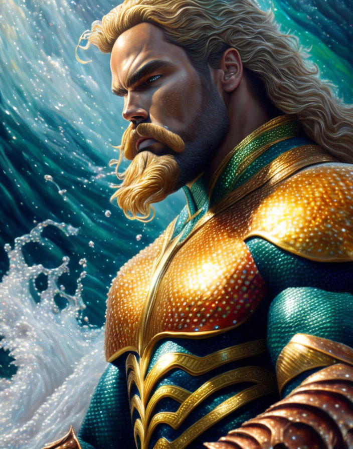 Bearded character in golden and green suit with wave background