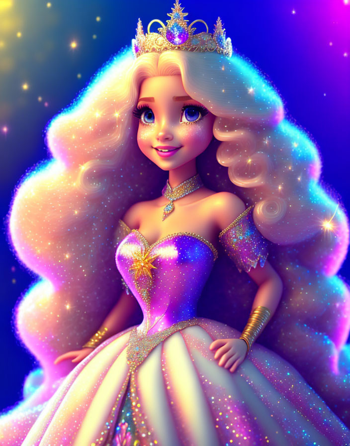 Princess with Curly Hair in Sparkling Purple Dress