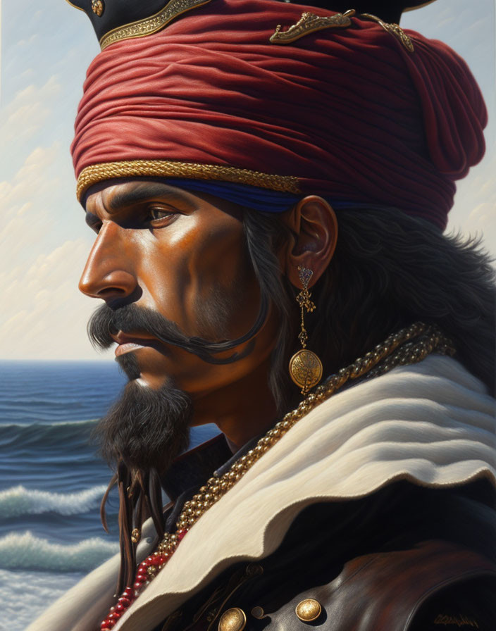 Regal man portrait with red turban, golden jewelry, fur cape by the sea