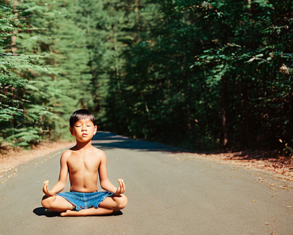 Child Meditating in Lotus Position Surrounded by Forest Trees