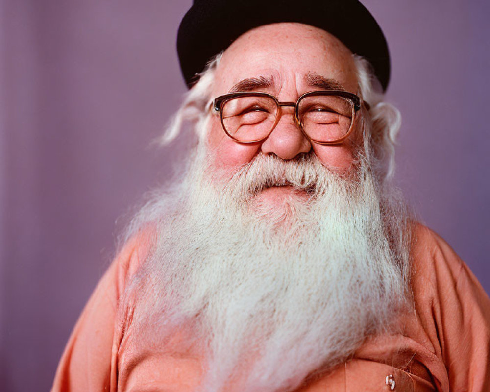 Elderly Man with White Beard and Glasses in Black Beret and Orange Shirt on Purple Background