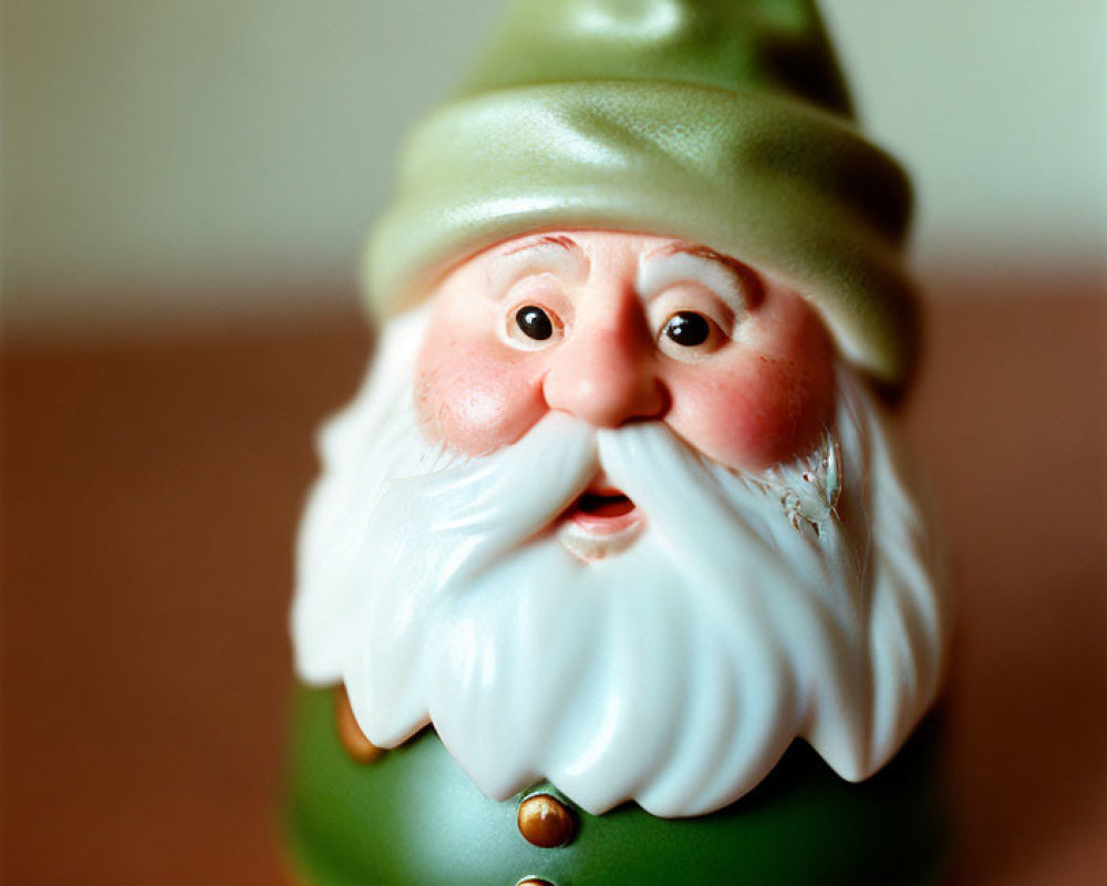 Close-up of gnome figurine with green hat, white beard, and rosy cheeks