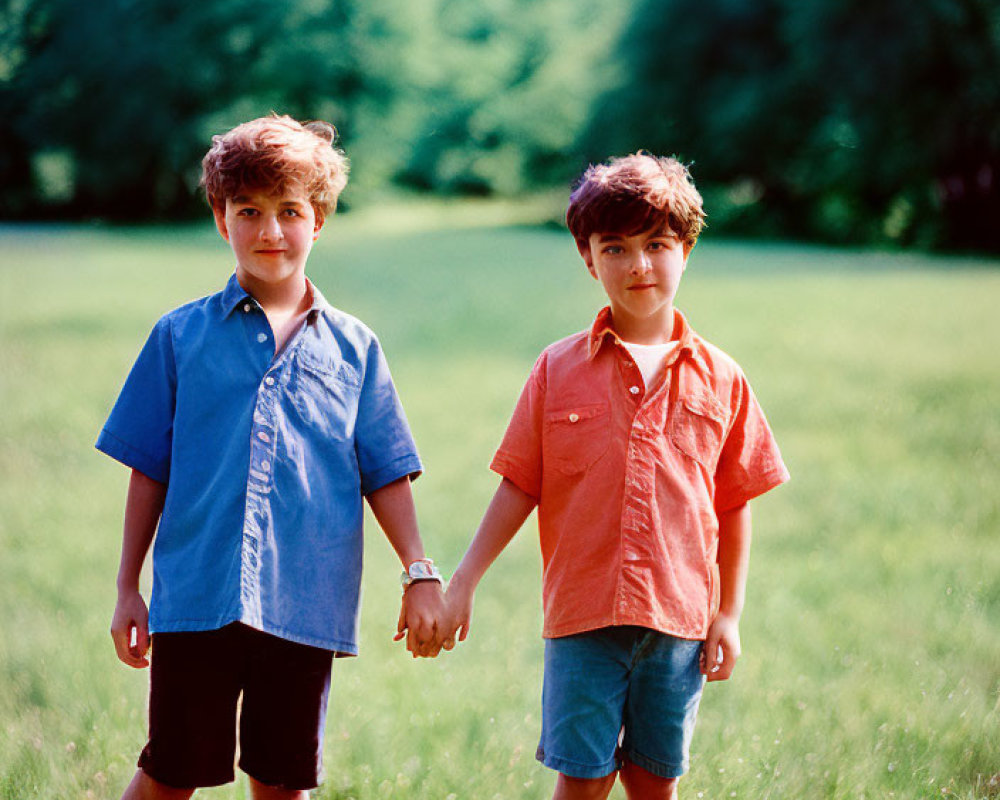 Two young boys holding hands in sunlit meadow with trees.