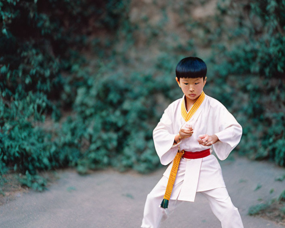 Young child in yellow belt martial arts uniform on pathway with foliage