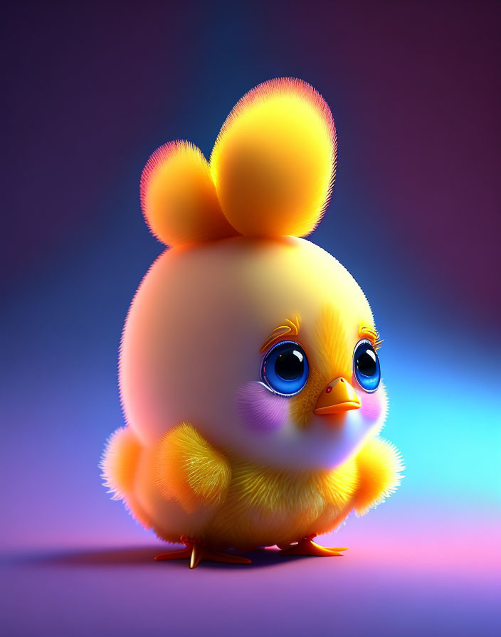 Colorful digital illustration of a fluffy yellow chick with expressive blue eyes.