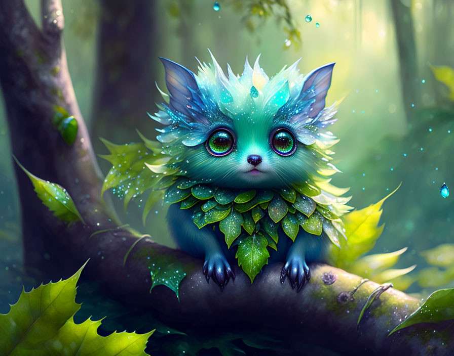 Blue-Furred Creature with Leaf-Like Features in Enchanting Forest