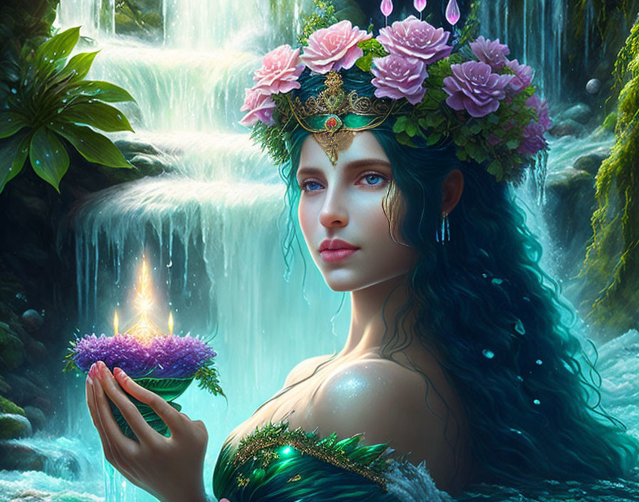 Fantasy woman with floral crown and luminous object in hand amid enchanting waterfalls and lush green