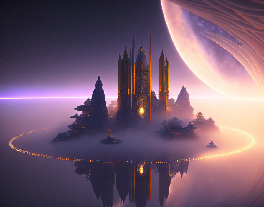 Alien city with towering spires in cosmic setting