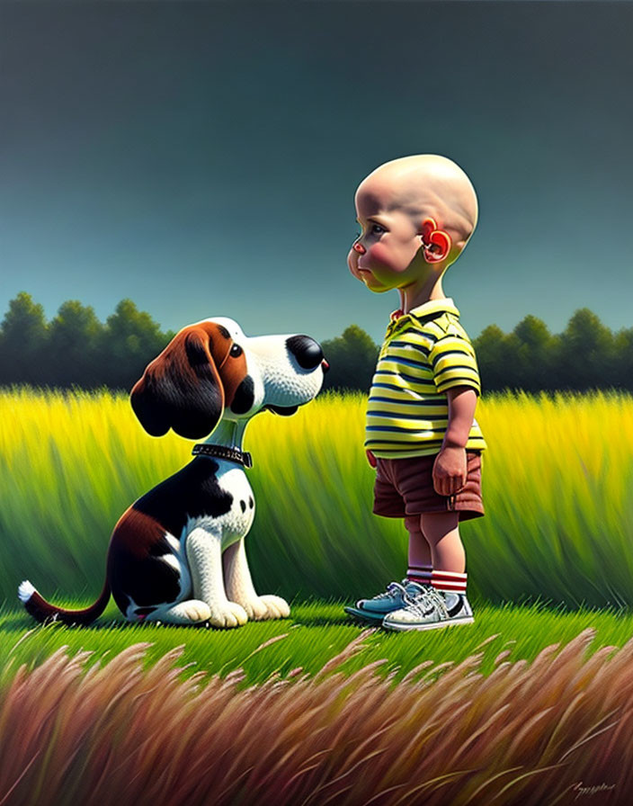 Whimsical illustration of boy and dog in a field