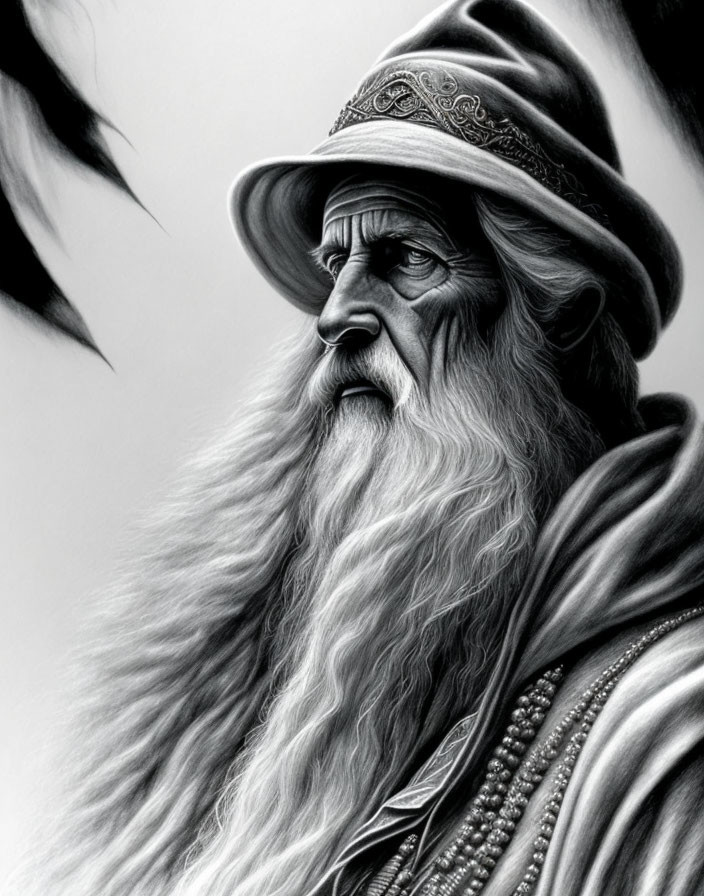 Wizard illustration with long beard and pointed hat.