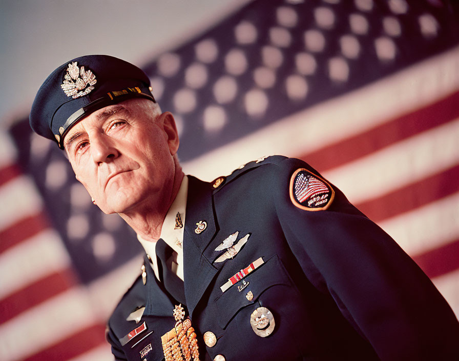 Senior Military Officer Standing Before American Flag with Medals