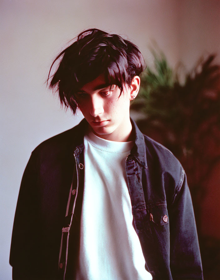 Young person with tousled black hair in denim jacket and tee, with blurred plant.