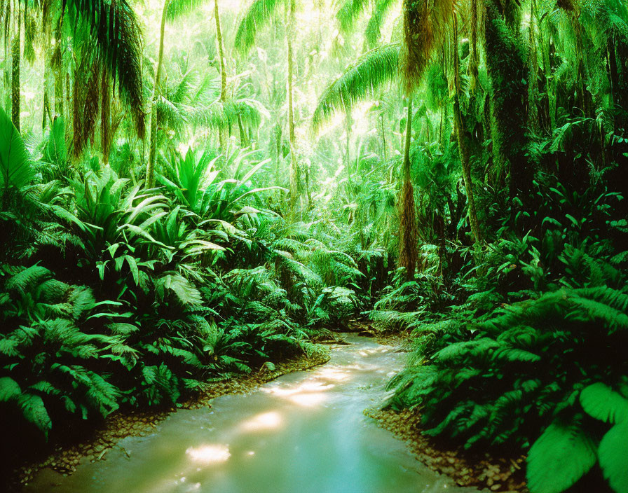 Lush Green Forest with Tall Trees and Fern Undergrowth