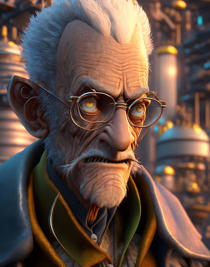 Elderly animated character with glasses in warm industrial setting