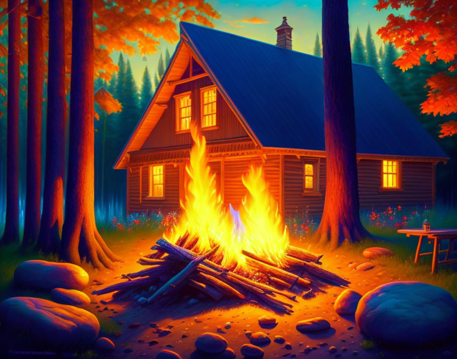 Cozy cabin with warm campfire amidst autumn trees