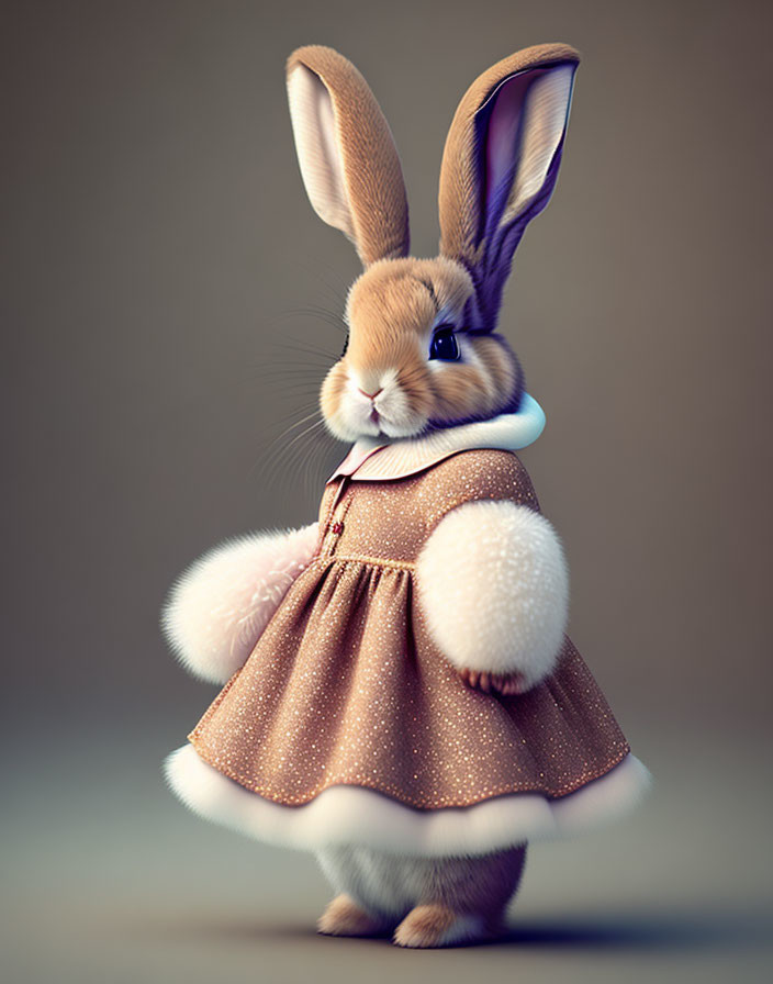 Animated Rabbit in Sparkling Brown Dress with White Fluff