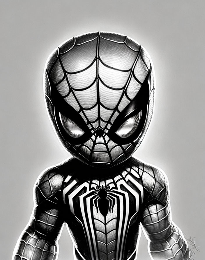 Detailed monochrome Spider-Man costume illustration with web pattern and emblem.