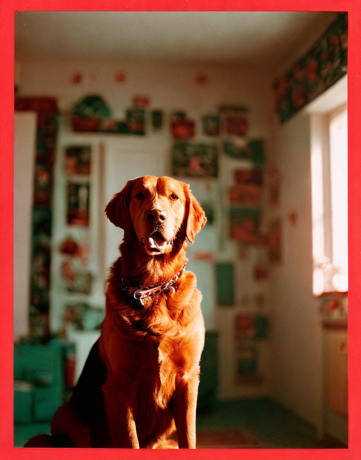 Golden Retriever in Sunlit Room with Red Walls and Pictures