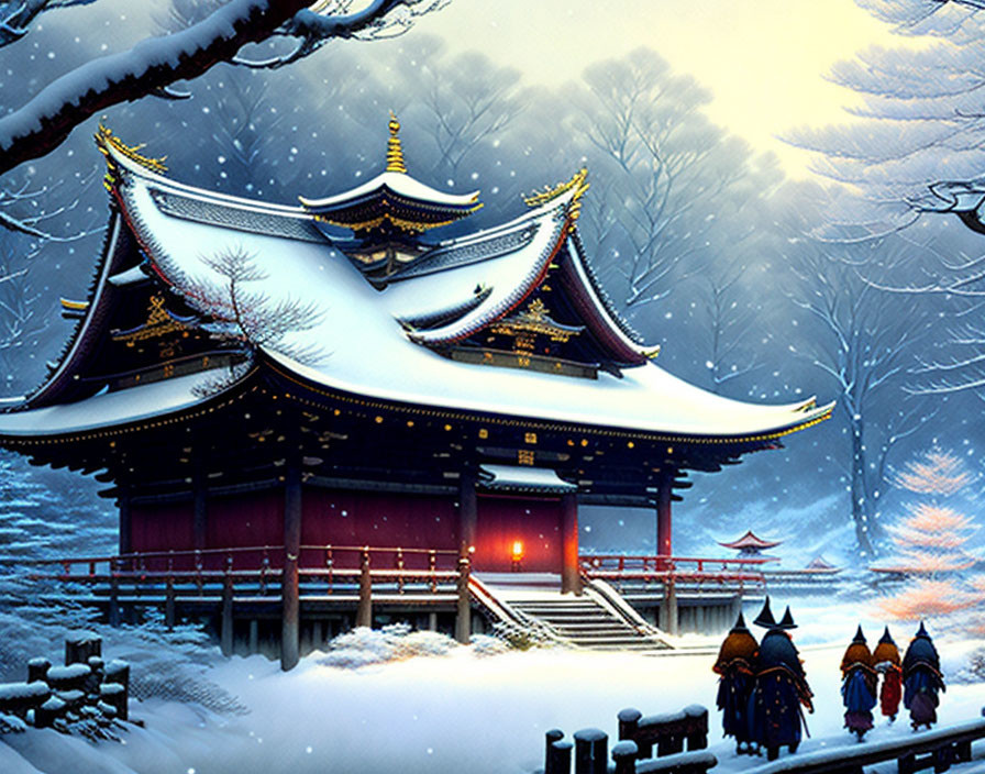 Group of individuals at traditional Japanese temple in snow-covered landscape at twilight