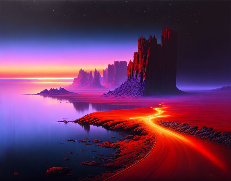 Surreal landscape digital artwork: lava river, sea, starry sky